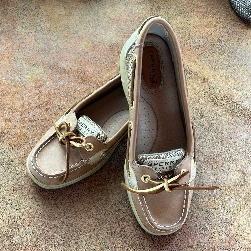 Sperry Tan w/gold glitter detail docksider slip on boat shoe Loafers Flats 6